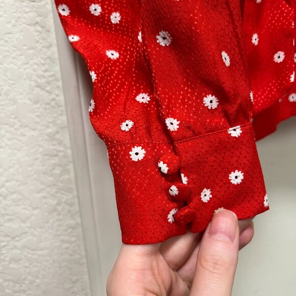 Sézane Red Silk Blouse w/ White Floral Print & Tie Bow | Size 40 (US 8/M) - Picture 9 of 10